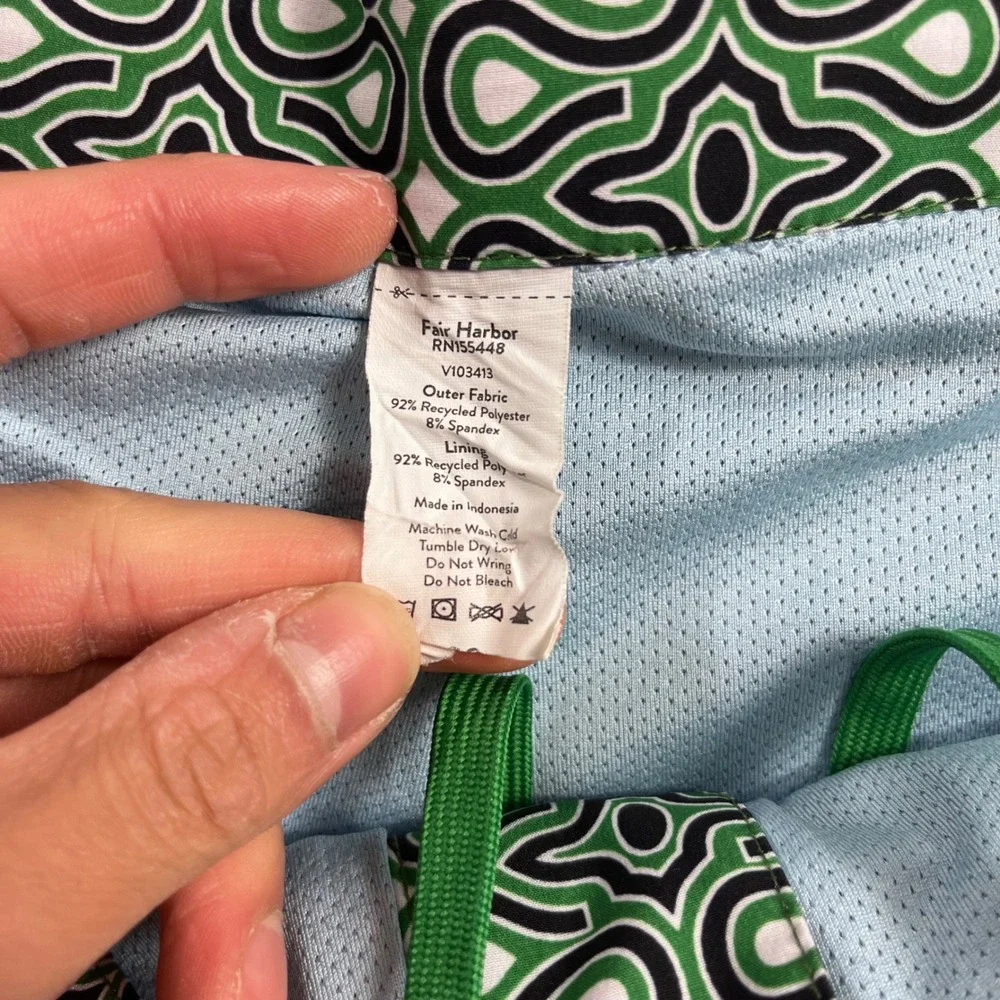 Fair Harbor Mens Green Geometric Link Print Swim Trunks Board Shorts Size L